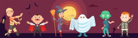 Illustration for Halloween kids. Children wear scary party costumes. Zombie, vampire, witch and funny ghost. Vector halloween vampire and zombie, children wear costume to party illustration - Royalty Free Image