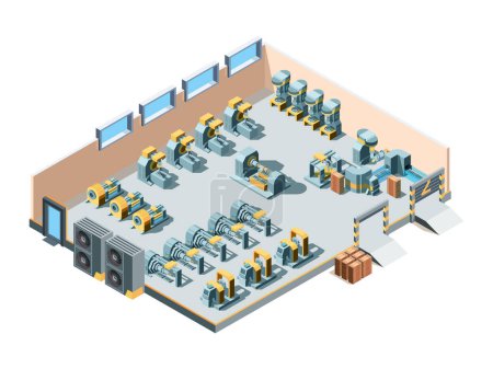 Illustration for Industrial building. Isometric factory interior production heavy steel machines mechanic manufacturing equipment engineering vector. Illustration factory industry, equipment industrial inside - Royalty Free Image