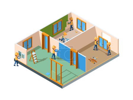 Illustration for Home renovation. Stages rooms interior renovation paint wall flooring new construction builders working equipment vector isometric. Renovation interior home, wall indoor painted by roller illustration - Royalty Free Image