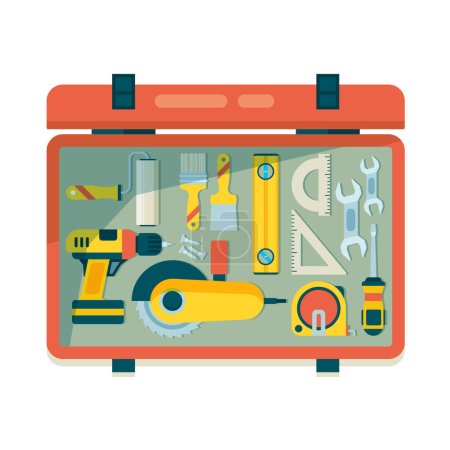 Illustration for Instrument toolbox. Repair equipment for workers carpenter items with saw hammer roulette vector construction tools. Toolbox with tools and equipment, instrument for construction repair illustration - Royalty Free Image