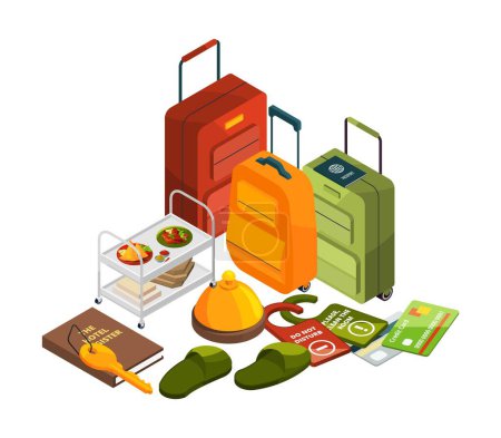 Illustration for Isometric hotel elements. Vector all inclusive concept. Travel, tourism industry illustration. Hotel vacation, luggage isometric and reservation service - Royalty Free Image