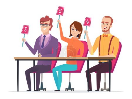 Illustration for Jury with marks. Judged with scorecards smart entertainment television competition characters vector sitting jury. Jury score group, committee with scorecard illustration - Royalty Free Image