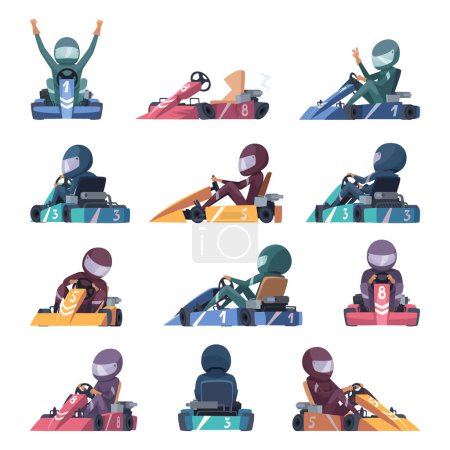 Illustration for Karting cars. Fast racers speed karting machines on road vector cartoon illustration. Racer driver speed, competition vehicle cart - Royalty Free Image