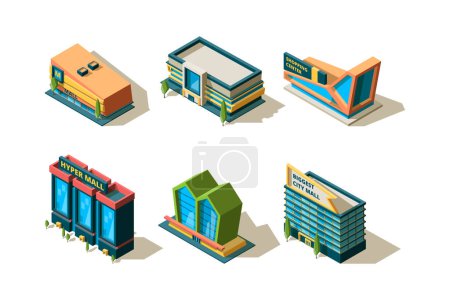 Illustration for Mall isometric. Big modern buildings of shopping center different architectural city store vector collection. City architecture isometric store, business building, market exterior facade illustration - Royalty Free Image