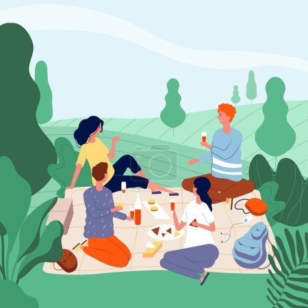 Ilustración de Gente de picnic al aire libre. La familia feliz en el parque verde veraniego que come la comida descansan y que juega el fondo del picnic del vector. Ilustración amigo en picnic al aire libre, fin de semana juntos - Imagen libre de derechos