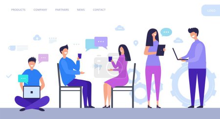 Illustration for People communicate landing page. Women and men chat. Social media, communication vector page. Man and woman use internet and communication online - Royalty Free Image