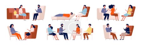 Illustration for Psychologist. Group therapy couch talking medical consultant sitting family consulting vector characters. Professional psychotherapy talking, psychology counseling illustration - Royalty Free Image