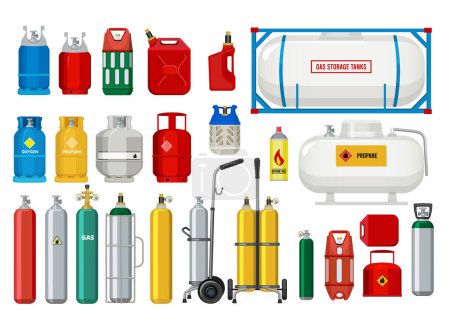 Illustration for Propane tanks. Gas safety ballons dangerous oxygen or propane vector illustrations. Oxygen and propane, gas cylinder with valve - Royalty Free Image