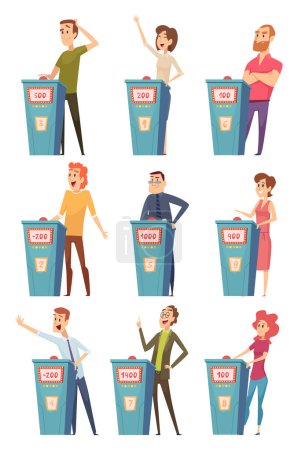 Illustration for Quiz tv players. Entertainment show characters podium standing answer questions television contest smart quiz vector. Tv entertainment show, player quiz illustration - Royalty Free Image