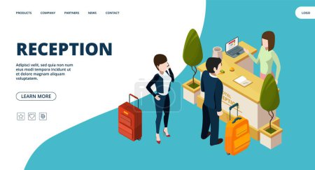 Illustration for Reception web page. Isometric hotel info point landing. Vector people in hotel. Isometric hotel reception, people with luggage stay next table illustration - Royalty Free Image