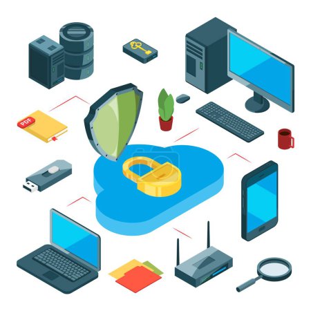 Illustration for Secure cloud storage. Isometric data storage vector concept. Information transfer, internet and local network. Storage data and information, cloud isometric database, computing security illustration - Royalty Free Image