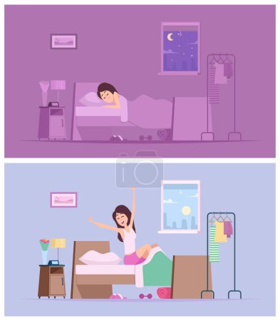 Illustration for Sleeping girl. Wake up joyful woman morning stretching in bed vector cartoon illustrations. Awake in bed, happy girl wake up in bed morning - Royalty Free Image