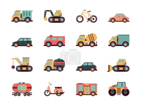 Illustration for Transport flat icon. Transportation symbols different automobiles public vehicle vector machines colored icon collection. Illustration automobile and machine, motor and bicycle, train and bulldozer - Royalty Free Image