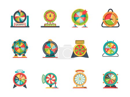 Illustration for Wheel fortune icon. Circle objects of lucky spinning roulette vector lottery wheels collection. Fortune wheel for play, luck casino game illustration - Royalty Free Image