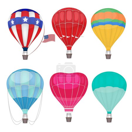 Téléchargez les illustrations : Des ballons à air. Transport aérien dans des montgolfières vectorielles à air chaud. Illustration voyage en ballon aérien, aventure de mouche de transport - en licence libre de droit