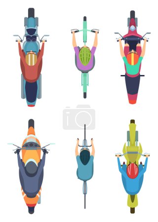 Illustration for Bike top view. Cycling people motorcycles traffic motor bike on road vector cartoon collection. Illustration motorcycle traffic, drive and bike, scooter and moto driver - Royalty Free Image