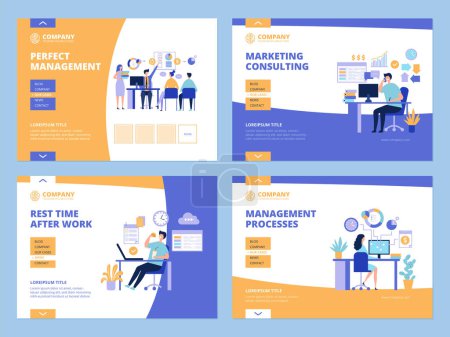 Illustration for Business landing. Office work managing and planning process clock checklist for managers web pages layout vector. Process office brainstorming, business teamwork, planning management illustration - Royalty Free Image
