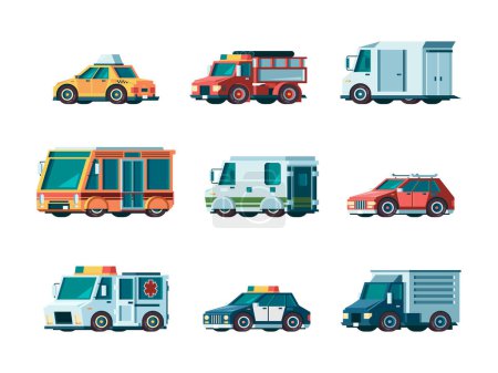 Illustration for Flat cars. City traffic municipal vehicle fire ambulance police post office taxi truck bus and collector car vector orthogonal pictures. Transport vehicle, car police and ambulance illustration - Royalty Free Image