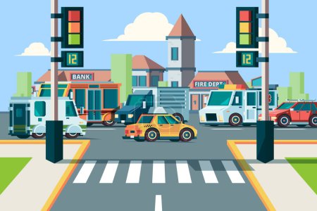 Illustration for City road traffic. Urban landscape intersection with city cars in street crosswalk with lights vector flat background. Road intersection traffic jamm city crosswalk street illustration - Royalty Free Image