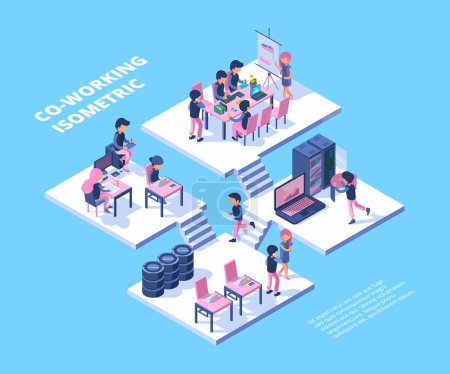 Illustration for Coworking isometric. Business team freelancer professionals group meeting people working talking together vector coworking concept. Illustration business team workspace, conversation and brainstorm - Royalty Free Image