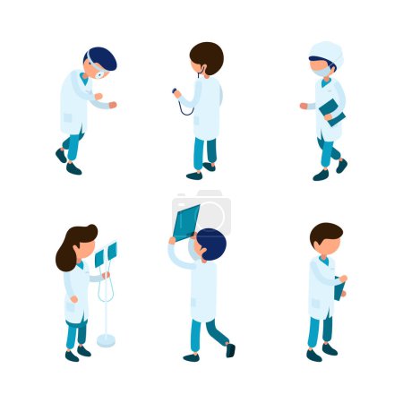 Illustration for Doctors isometric. Medical staff paramedic surgeon ambulance person hospital characters 3d vector isometric collection. Medic professional doctor, clinic staff illustration - Royalty Free Image