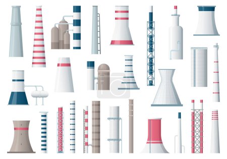 Illustration for Factory building. Manufacturing pipe pollution industrial factory large construction vector cartoon illustrations. Pipe manufacturing, building powerhouse tower - Royalty Free Image