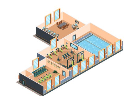 Illustration for Fitness center. Gym club and pool interior rooms with equipment cardio exercise aerobic training spa salon isometric vector. Illustration fitness sport gym, swim pool and salon - Royalty Free Image