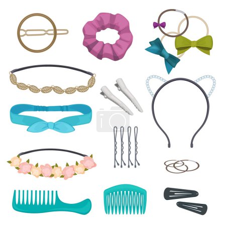 Illustration for Hair accessories. Woman stylish hair item clips flowers bandanas gags bows elastic bands hoops vector cartoon. Headband and hoop for hair, gag and pin illustration - Royalty Free Image
