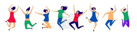 Illustration for Happy flying and jumping people vector characters. Illustration of happy active people, jump boy and girl - Royalty Free Image