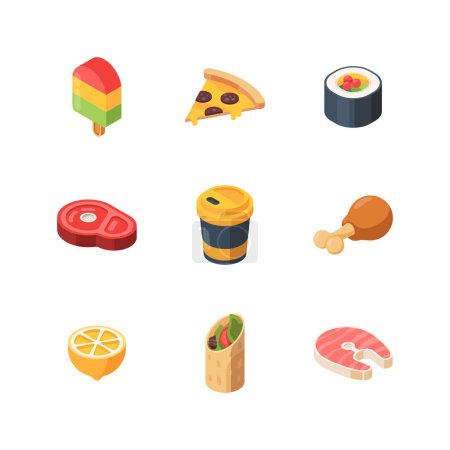 Illustration for Isometric food. Sushi meal bread fruit fish vector low poly 3d website icons. Illustration sushi and meal, isometric food - Royalty Free Image