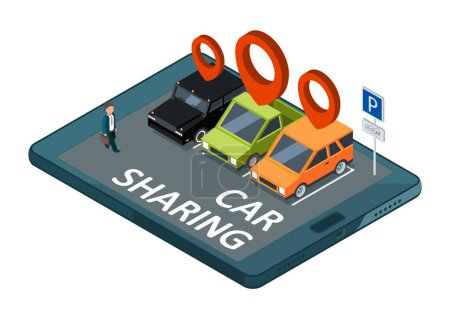 Illustration for Isometric car sharing vector concept. Mobile app parking with cars and businessman illustration. Carpool and sharing car isometric - Royalty Free Image