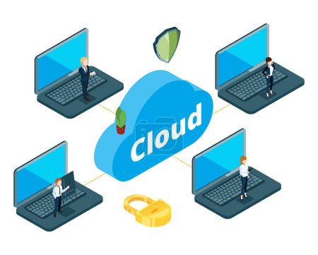 Illustration for Information transfer concept. Isometric cloud storage. Vector business team used local network for work. Server digital network, networking team responsive illustration - Royalty Free Image