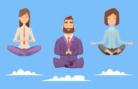Ilustración de Grupo de negocios de yoga de meditación. Personaje vectorial empresarios relajarse en la meditación plantea. Ilustración de grupo de yoga de negocios, ejercicio de meditación de personas - Imagen libre de derechos