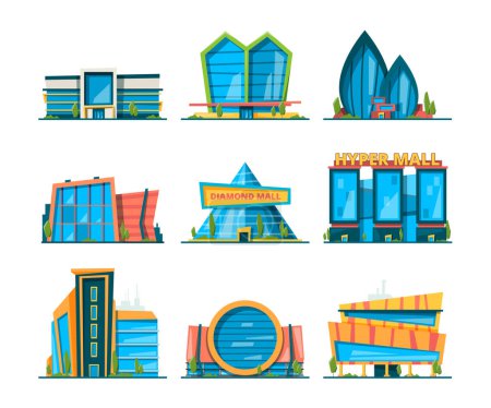 Illustration for Mall flat. Big urban store buildings hypermarket shopping houses vector collection. Collection of hypermarket, mall and store architecture, building shop supermarket illustration - Royalty Free Image