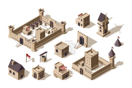 Illustration for Medieval buildings. Ancient architectural objects village and castles vector isometric for games. Illustration medieval town and city building, wall and fortress - Royalty Free Image