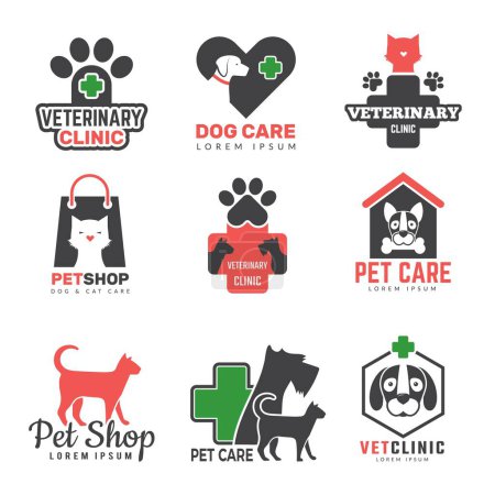 Ilustración de Logo de la tienda de mascotas. Clínica veterinaria para animales domésticos perros gatos protección símbolos vector diseño plantilla. Mascotas animales domésticos veterinaria clínica y tienda ilustración - Imagen libre de derechos