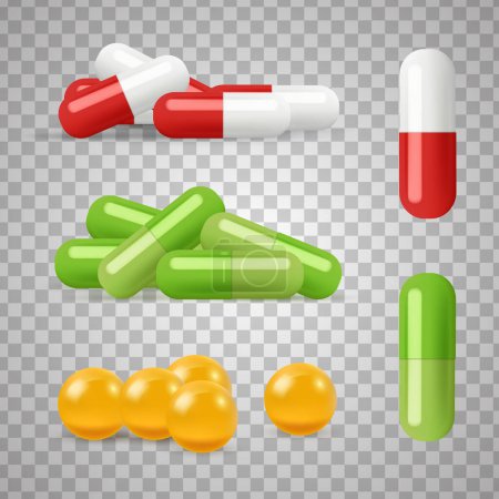 Illustration for Realistic pills vector. Drugs, medications isolated on transparent background. Illustration antibiotic and medical tablet - Royalty Free Image