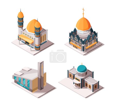 Illustration for Religion buildings. Muslim mosque lutheran church christian and catholic cultural traditional religion isometric vector objects. Illustration of muslim christian and catholic church - Royalty Free Image