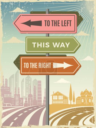 Illustration for Road direction boards. Modern street directional street arrows vector background pictures. Illustration road direction, signboard information, board traffic signpost - Royalty Free Image
