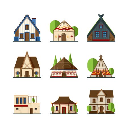 Illustration for Traditional buildings. Houses and constructions of different countries europe asian indian african tent vectors. Building architecture, house traditional exterior illustration - Royalty Free Image