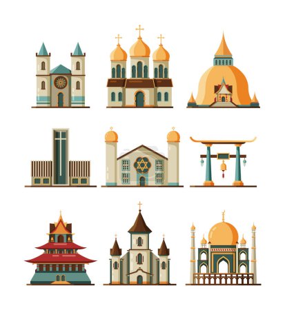 Illustration for Traditional church. Christian and lutheran religion buildings muslim islamic mosque vector flat pictures. Catholic cathedral, christian and muslim religious church illustration - Royalty Free Image