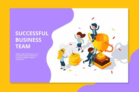 Illustration for Successful business team. Trophy for professional destination prize for group award businessmen celebrating vector isometric concept. Professional businessman, achievement trophy team illustration - Royalty Free Image