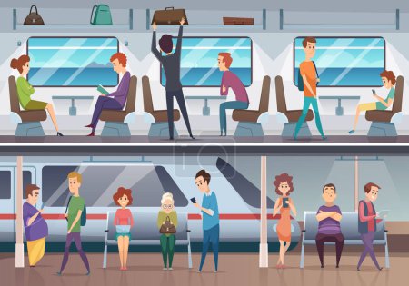 Ilustración de Subte. Gente esperando tren en metro urbano metro plataforma vector fondo. Tren en metropolitana con pasajero, viajero dentro de la ilustración - Imagen libre de derechos
