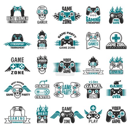 Illustration for Video game labels. Gaming console cybersport logo joystick controller symbols of entertainment club vector collection. Illustration badge videogame zone and party, label vintage console gamepad - Royalty Free Image