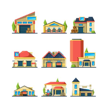 Illustration for Warehouse flat. Industrial buildings empty construction factory vector houses for packages and different items. Illustration building architecture, warehouse and garage - Royalty Free Image