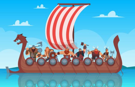 Ilustración de Nave de batalla vikinga. Viaje barco de la historia con vikingos noruegos vector guerrero fondo de dibujos animados. Navega con guerrero, barco de la historia con ilustración vikinga - Imagen libre de derechos