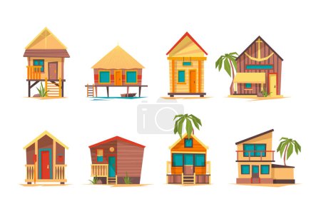 Illustration for Tropical houses. Bungalow beach buildings island home for summer vacation vector flat pictures collection. Illustration of bungalow building for tourism, house on coast line, paradise home - Royalty Free Image
