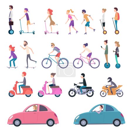 Illustration for Urban transport. People riding city vehicle bicycle driving electrical scooter skate segway vector cartoon illustration. Bicycle and vehicle, ride urban drive, city transportation - Royalty Free Image