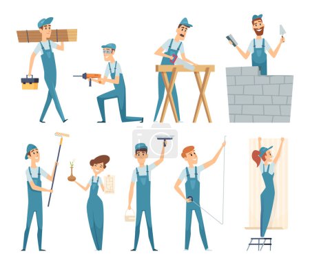 Illustration for Workers. Male and female builders professional constructors at work vector mascot design. Man work construction industry, occupation foreman illustration - Royalty Free Image
