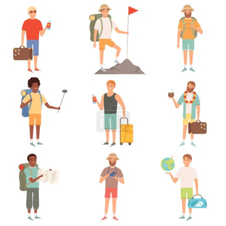 Illustration for Adventure people. Outdoor characters backpackers male explore nature happy travellers vector cartoon illustrations. Adventure people, traveller backpacking - Royalty Free Image